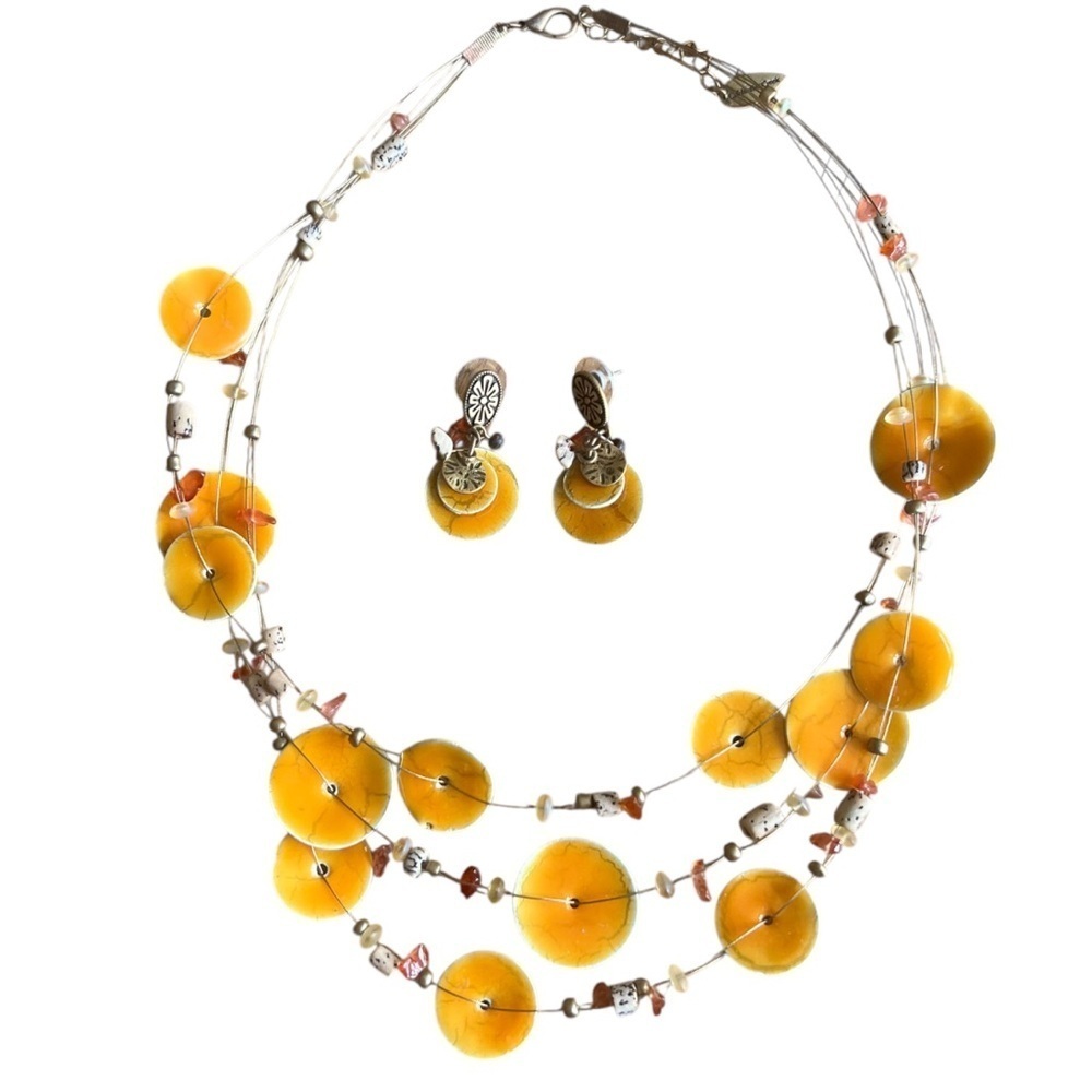 Coldwater Creek Multi Strand Necklace Earring Set Shell Beads Yellow Orange Bead